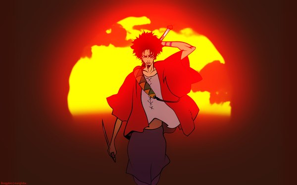 Anime picture 1920x1200 with samurai champloo mugen (samurai champloo) highres wide image evening sunset boy