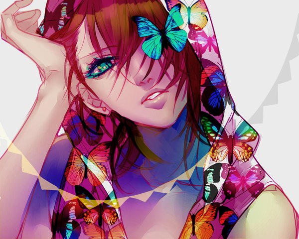 Anime picture 1280x1024 with original tayuya1130 single fringe short hair brown hair lips hair over one eye animal print butterfly print girl earrings hood insect butterfly stud earrings