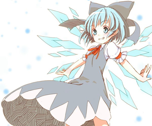 Anime picture 1024x850 with touhou cirno kuroneko nero single short hair blue eyes simple background smile white background blue hair spread arms girl dress bow hair bow wings