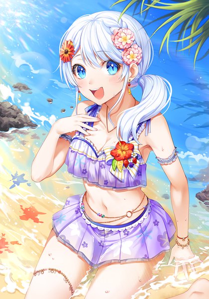 Anime picture 700x1000 with bang dream! wakamiya eve minori (faddy) single long hair tall image looking at viewer breasts open mouth blue eyes silver hair outdoors :d hair flower partially submerged hand on chest low ponytail girl flower (flowers) swimsuit