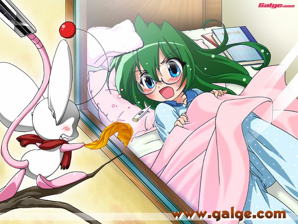 Anime picture 1024x768 with original galge.com mouse (galge.com) scanner (galge.com) blue eyes green hair wallpaper autumn sick fever girl glasses window pajamas mouse thermometer