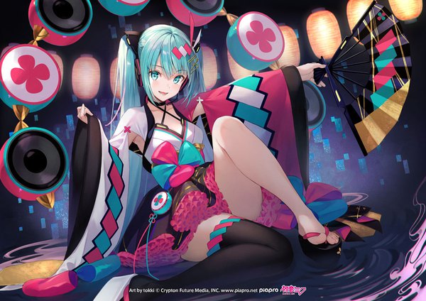 Anime picture 900x636 with vocaloid magical mirai (vocaloid) hatsune miku magical mirai miku magical mirai miku (2020 summer) tokki single long hair looking at viewer fringe open mouth hair between eyes sitting twintails :d aqua eyes aqua hair official art girl thighhighs