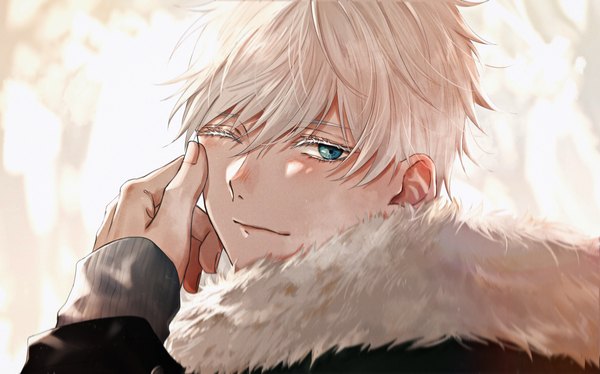 Anime picture 3791x2364 with jujutsu kaisen mappa gojou satoru hama m looking at viewer fringe highres short hair blue eyes hair between eyes wide image absurdres upper body white hair one eye closed fur trim solo focus hand on another's face boy fur
