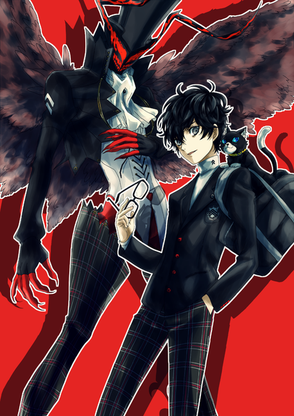 Anime picture 1060x1500 with persona 5 persona amamiya ren morgana (persona 5) arsene (persona 5) kawasemi sumika tall image looking at viewer fringe short hair black hair simple background hair between eyes shadow grey eyes red background hand in pocket eyewear removed boy uniform