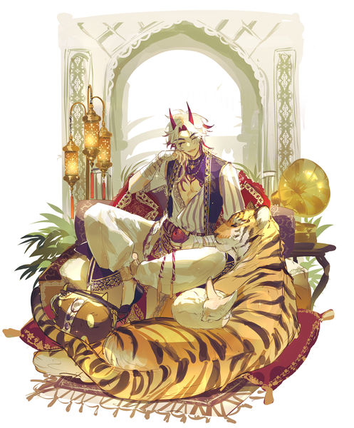 Anime picture 2900x3500 with genshin impact arataki itto mors gn single long hair tall image highres open mouth sitting full body white hair eyes closed traditional clothes horn (horns) alternate costume ^ ^ ^o^ indian style boy animal