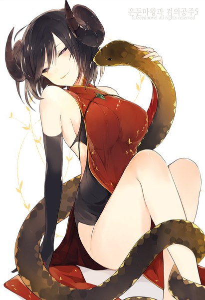 Anime picture 663x966 with original lpip single tall image short hair breasts light erotic black hair simple background smile large breasts white background sitting bare shoulders traditional clothes pink eyes horn (horns) no panties side slit black sclera
