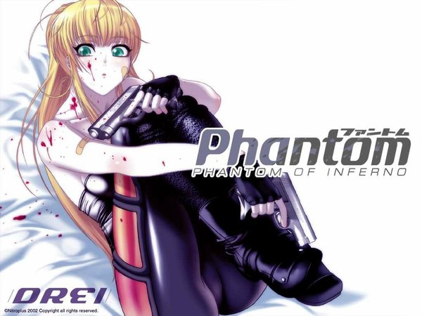 Anime picture 1024x768 with phantom of inferno nitroplus cal devens blonde hair green eyes ponytail girl weapon gun drei