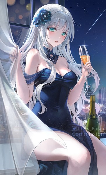 Anime picture 786x1300 with original paran single long hair tall image looking at viewer blush fringe breasts open mouth blue eyes light erotic smile large breasts sitting bare shoulders holding signed cleavage silver hair
