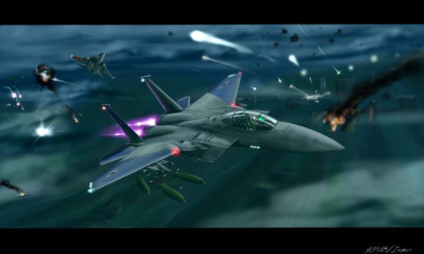 イラスト 1500x900 と ace combat zephyr164 wide image signed flying battle explosion 戦争 武器 飛行機 jet ミサイル f-15