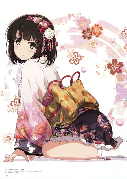 Anime picture 2480x3500 with saenai heroine no sodatekata a-1 pictures milky been! (ogipote) - anime yorozu ira hon (artbook) katou megumi ogipote single tall image looking at viewer fringe highres short hair brown hair white background sitting long sleeves traditional clothes parted lips japanese clothes scan leaning