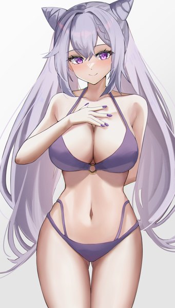 Anime picture 2894x5093 with genshin impact keqing (genshin impact) katagirinanoka single long hair tall image looking at viewer blush fringe highres breasts light erotic simple background smile hair between eyes large breasts standing purple eyes twintails payot