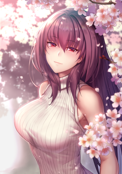 Anime picture 1238x1750 with fate (series) fate/grand order scathach (fate) (all) scathach (fate) lun7732 single long hair tall image looking at viewer blush fringe breasts hair between eyes red eyes large breasts bare shoulders purple hair upper body light smile cherry blossoms