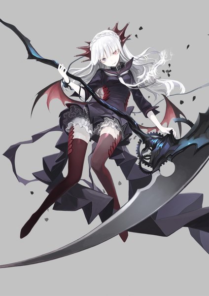 Anime picture 1488x2105 with original megusuri single long hair tall image blue eyes simple background red eyes white hair grey background heterochromia demon girl pale skin girl dress weapon petals wings frills thigh boots