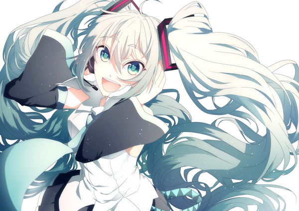 Anime picture 2833x2006 with vocaloid hatsune miku hongjake single looking at viewer fringe highres open mouth blue eyes hair between eyes white background bare shoulders payot ahoge white hair very long hair :d pleated skirt multicolored hair from above