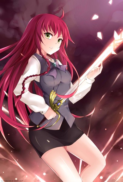 Anime picture 1100x1626 with hataraku maou-sama! white fox yusa emi mmrailgun single long hair tall image fringe holding green eyes looking away red hair braid (braids) single braid glowing side braid glowing weapon girl skirt weapon