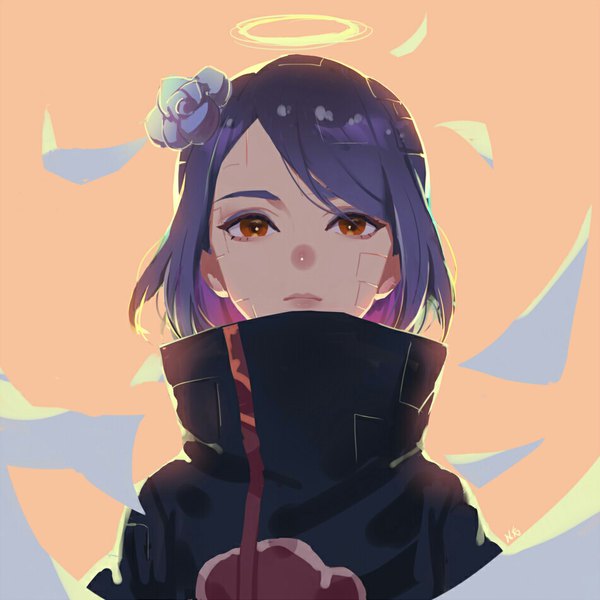 Anime picture 950x950 with naruto studio pierrot naruto (series) konan nho (316784766) single looking at viewer fringe short hair simple background brown eyes signed purple hair upper body hair flower gradient hair akatsuki orange background girl flower (flowers)