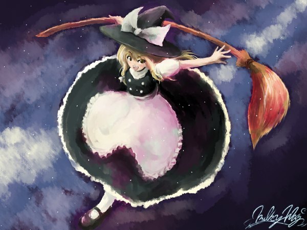 Anime picture 1024x768 with touhou kirisame marisa fechirin single long hair open mouth blonde hair sky cloud (clouds) full body :d night night sky girl hat witch hat broom