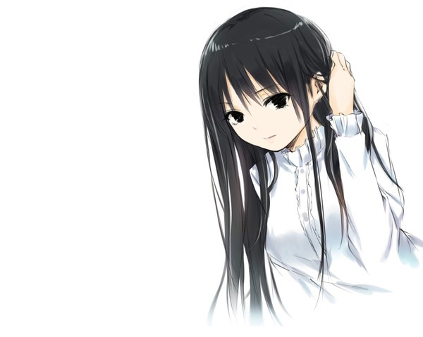 Anime picture 1898x1518 with original tagme (copyright) coffee-kizoku long hair looking at viewer highres black hair simple background white background light smile black eyes arms behind head third-party edit detexted girl dress white dress