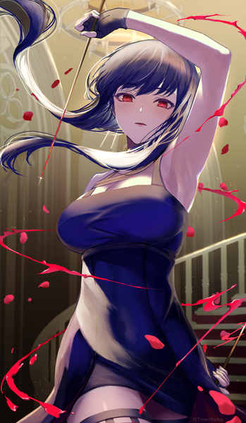 Anime picture 2381x4088 with spy x family yor briar towrituka single long hair tall image looking at viewer fringe highres breasts open mouth black hair red eyes large breasts standing indoors blunt bangs arm up bloody weapon girl