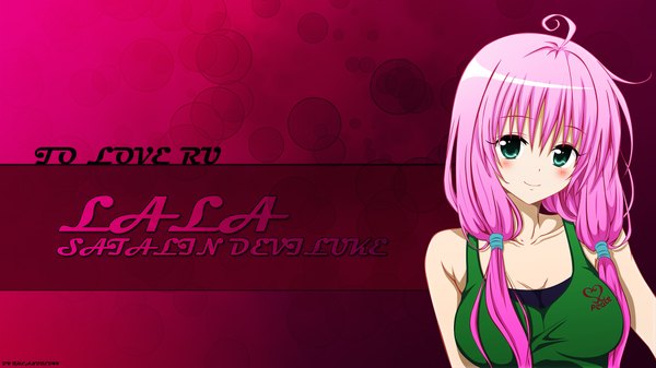 Anime picture 1920x1080 with toloveru toloveru darkness xebec lala satalin deviluke theandreu44 single long hair blush fringe highres breasts blue eyes simple background smile wide image large breasts standing twintails bare shoulders pink hair