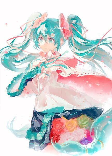 Anime picture 1164x1618 with vocaloid magical mirai (vocaloid) hatsune miku magical mirai miku magical mirai miku (2021) wnmuwnmu single tall image fringe simple background hair between eyes white background twintails signed looking away very long hair aqua eyes aqua hair twitter username girl
