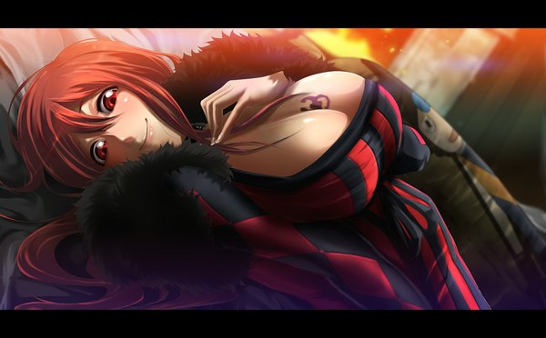 Anime picture 1160x720 with maoyuu maou yuusha arms corporation maou (maoyuu) 71 single long hair looking at viewer breasts light erotic smile red eyes wide image red hair huge breasts letterboxed girl dress fur