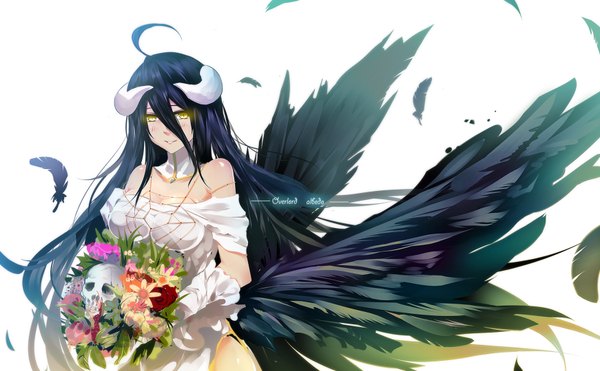 Anime picture 1742x1080 with overlord (maruyama) madhouse albedo (overlord) bba1985 single long hair highres black hair wide image white background yellow eyes ahoge horn (horns) low wings girl dress flower (flowers) wings feather (feathers) bouquet