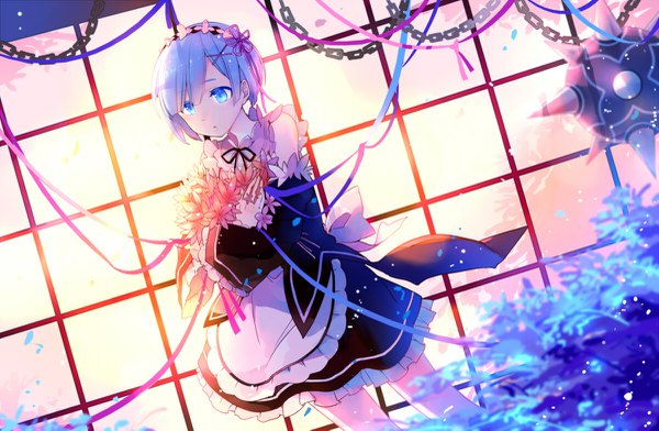 Anime picture 1200x785 with re:zero kara hajimeru isekai seikatsu white fox rem (re:zero) yetworldview kaze single blush short hair breasts open mouth blue eyes holding blue hair looking away wide sleeves :o maid dutch angle depth of field puffy sleeves crossed arms