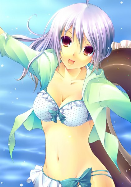 Anime picture 718x1024 with original yoshino ryou single long hair tall image looking at viewer breasts open mouth light erotic brown eyes silver hair girl navel swimsuit bikini swim ring