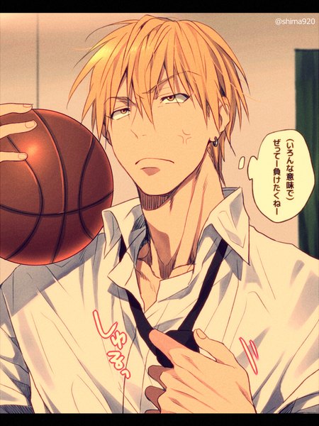 Anime picture 600x800 with kuroko no basket production i.g kise ryouta mashima shima single tall image fringe short hair blonde hair hair between eyes signed yellow eyes piercing text ear piercing letterboxed looking up open collar anger vein adjusting necktie