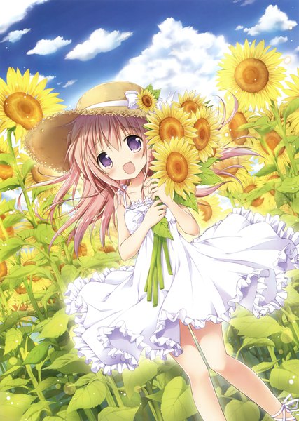 Anime picture 2494x3500 with original nanase miori single long hair tall image looking at viewer blush fringe highres open mouth brown hair standing purple eyes bare shoulders holding sky cloud (clouds) outdoors sunlight scan