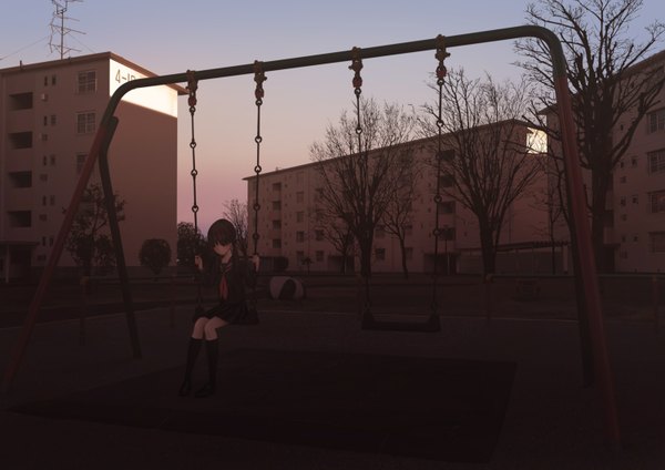 Anime picture 1500x1061 with original chika-wa (artist) brown hair twintails brown eyes sky realistic evening looking down sunset dark background girl skirt plant (plants) tree (trees) serafuku building (buildings) swing park