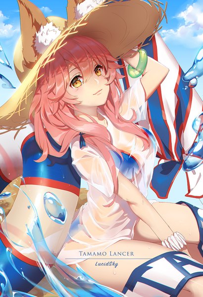 Anime picture 800x1169 with fate (series) fate/grand order tamamo (fate) (all) tamamo no mae (swimsuit lancer) (fate) lucidsky single long hair tall image looking at viewer blush fringe breasts light erotic smile hair between eyes sitting signed animal ears yellow eyes pink hair