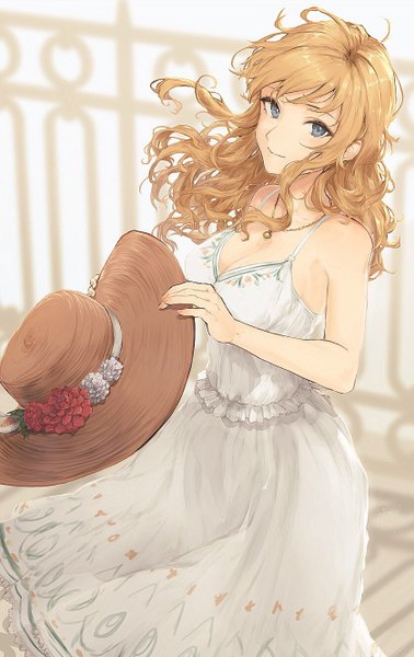 Anime picture 837x1328 with idolmaster idolmaster cinderella girls idolmaster cinderella girls starlight stage ootsuki yui kouzuki kei single long hair tall image looking at viewer blue eyes blonde hair standing holding cleavage wind hat removed headwear removed sol paraiso girl dress