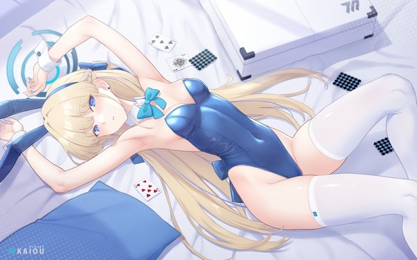 Anime picture 2049x1278 with blue archive toki (blue archive) toki (bunny) (blue archive) dan (kumadan) single long hair looking at viewer blush fringe highres breasts blue eyes light erotic blonde hair wide image signed animal ears lying blunt bangs from above