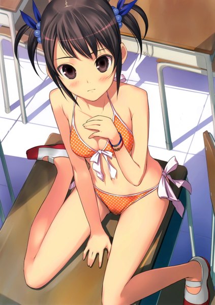 Anime picture 4261x6038 with original uni (artist) single tall image looking at viewer blush highres short hair light erotic black hair sitting twintails bare shoulders absurdres black eyes scan short twintails girl swimsuit bikini