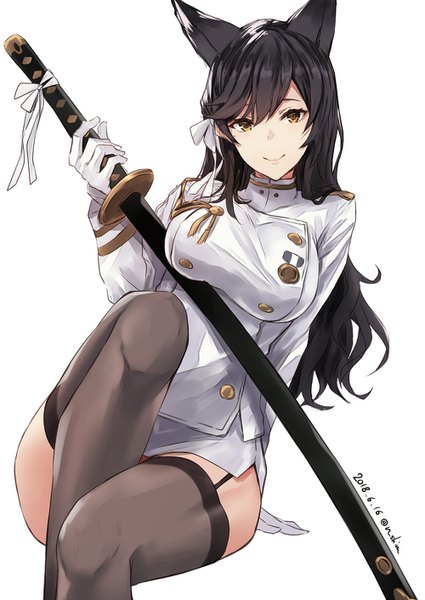 Anime picture 1000x1412 with azur lane atago (azur lane) nabeshima tetsuhiro single long hair tall image looking at viewer fringe breasts light erotic black hair simple background smile hair between eyes large breasts white background sitting holding signed animal ears