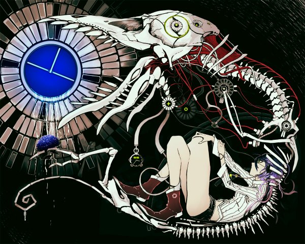 Anime picture 1200x960 with original kawazu single short hair purple hair lying midriff skeleton bone (bones) girl shorts headphones clock skull wire (wires) cable
