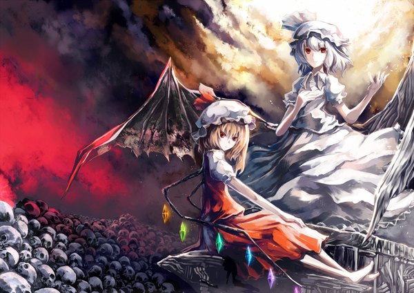 Anime picture 2149x1520 with touhou flandre scarlet remilia scarlet ayaya (artist) highres short hair blonde hair red eyes multiple girls sky silver hair cloud (clouds) white hair barefoot black wings bat wings bone (bones) girl dress skirt