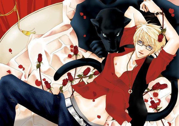 Anime picture 1174x830 with totally captivated ewon jung short hair blue eyes blonde hair arms behind head partially open clothes licking boy flower (flowers) animal shirt petals glasses belt rose (roses) pendant jeans panther