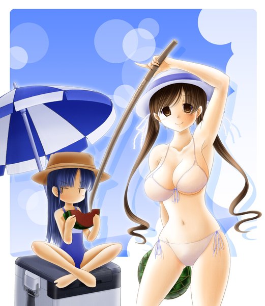Anime picture 1500x1726 with original nashigami tsubute (artist) long hair tall image looking at viewer light erotic black hair smile sitting twintails multiple girls brown eyes blue hair l l girl navel 2 girls swimsuit hat bikini