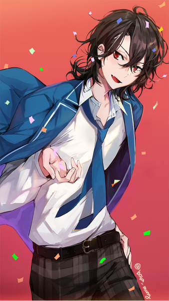 Anime picture 508x900 with ensemble stars! sakuma rei (ensemble stars!) bosack single tall image looking at viewer fringe short hair open mouth black hair simple background hair between eyes red eyes signed hand on hip twitter username open collar red background outstretched hand clothes on shoulders