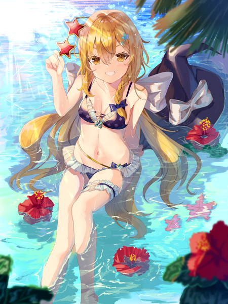 Anime picture 2304x3072 with touhou kirisame marisa mugicho (kdks5554) single long hair tall image looking at viewer fringe highres light erotic blonde hair smile hair between eyes holding yellow eyes braid (braids) arm support grin partially submerged side braid