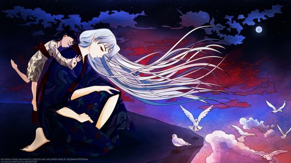 Anime picture 2560x1440 with inuyasha sesshomaru rin (inuyasha) long hair highres short hair wide image silver hair purple hair cloud (clouds) eyes closed japanese clothes barefoot fingernails night long fingernails boy animal belt kimono