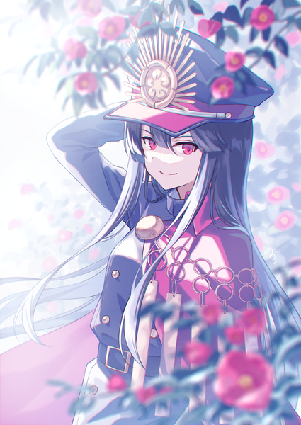 Anime picture 1003x1416 with fate (series) fate/grand order oda nobunaga (fate) (all) oda nobunaga (fate) nonono (nononotea) single long hair tall image looking at viewer fringe black hair smile hair between eyes red eyes upper body arm behind head girl flower (flowers) peaked cap camellia (flower)