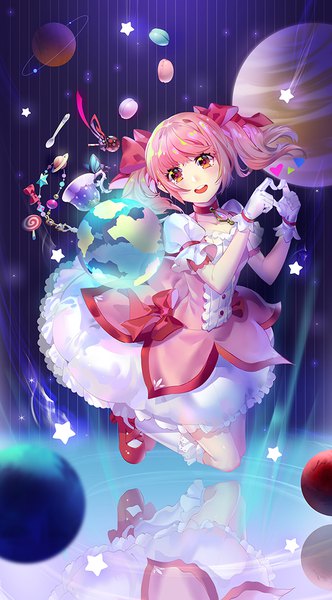 Anime picture 600x1082 with mahou shoujo madoka magica shaft (studio) kaname madoka balusah single long hair tall image blush open mouth twintails looking away pink hair bent knee (knees) puffy sleeves reflection weightlessness heart hands girl dress gloves
