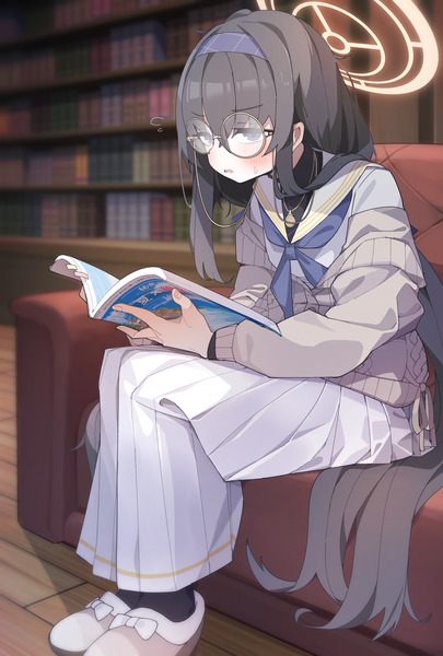 Anime picture 1587x2352 with blue archive ui (blue archive) koyansuee single tall image looking at viewer blush fringe open mouth black hair hair between eyes sitting purple eyes indoors long sleeves very long hair off shoulder girl skirt uniform