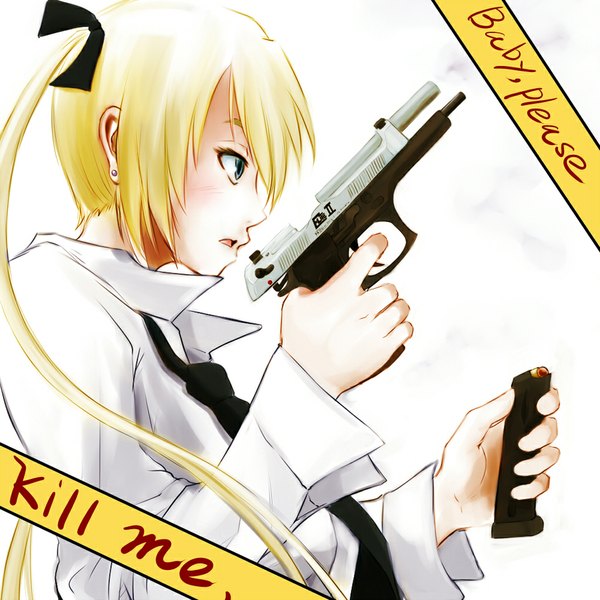 Anime picture 1024x1024 with kill me baby (manga) sonya dokyuu afro (artist) single long hair open mouth blue eyes blonde hair twintails profile girl hair ornament ribbon (ribbons) weapon hair ribbon shirt necktie white shirt gun magazine (weapon)