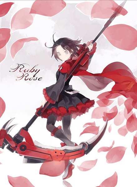 Anime picture 1173x1600 with rwby rooster teeth ruby rose shihou (g-o-s) single tall image looking at viewer short hair black hair full body light smile grey eyes character names messy hair girl weapon petals pantyhose black pantyhose cape
