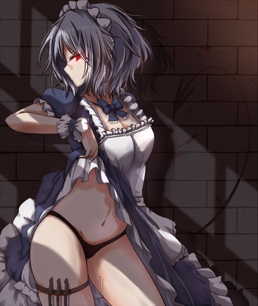 Anime picture 3377x4000 with touhou izayoi sakuya kisa (k isa) single tall image looking at viewer highres short hair light erotic red eyes standing absurdres grey hair bare belly maid girl navel uniform underwear panties